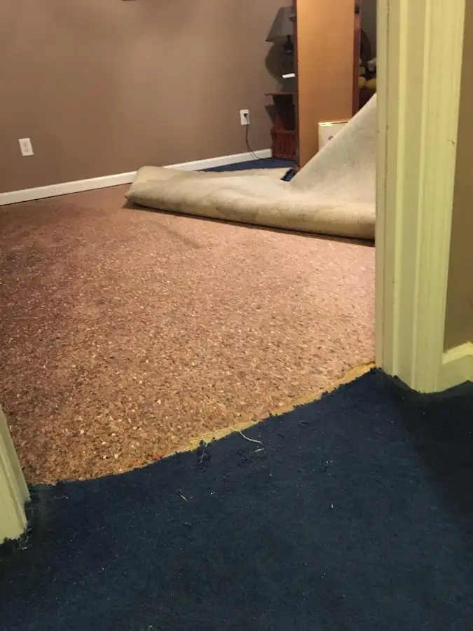 Carpet pad removal revealing water damage during Drying & Dehumidification in Difficult Run